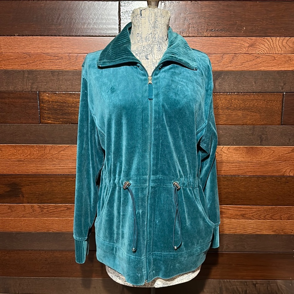 Karen Scott Collared Long Sleeve Dark Teal Velour Sports Jacket